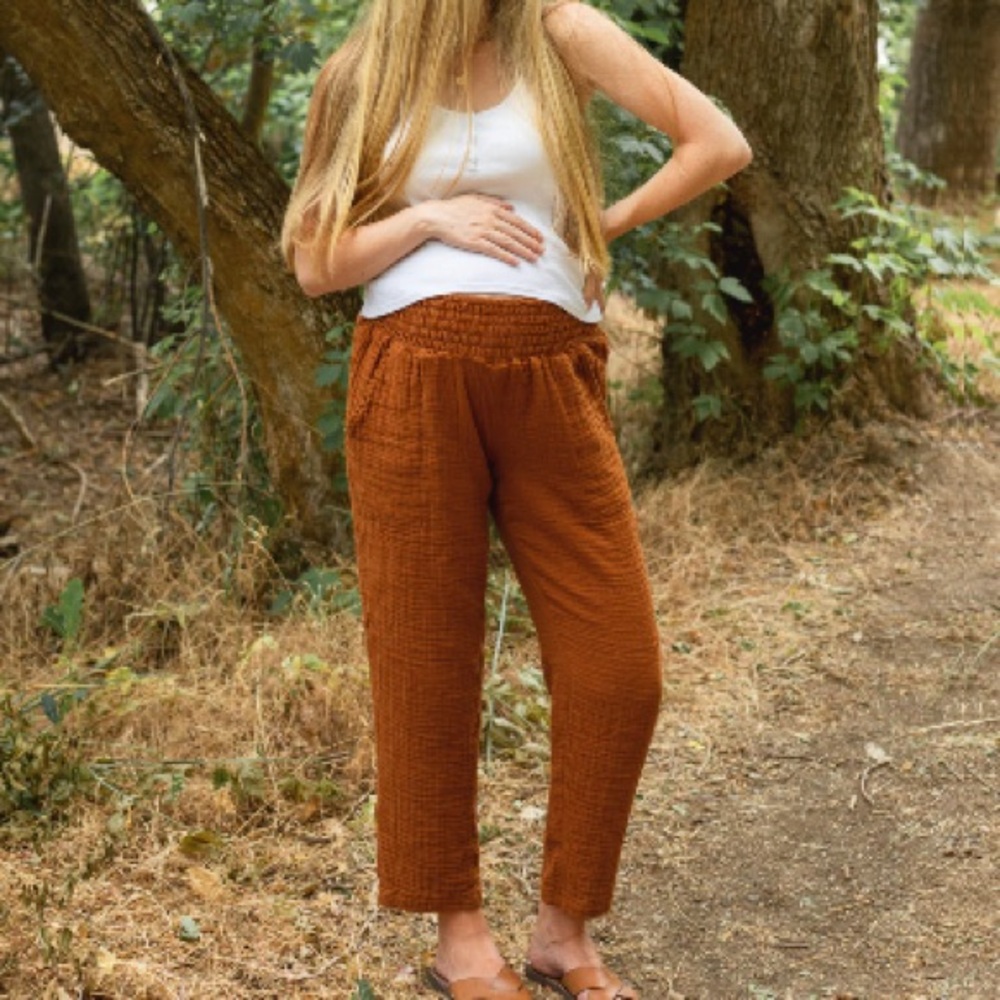 Emme mama everyday transitional maternity smocked linen pant cinnamon